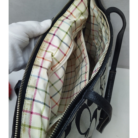 Coach Signature Black Canvas Stripe Double Handles Zipper Tote Shoulder Bag - Picture 10 of 16